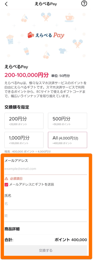 えらべるPayでの情報入力画像