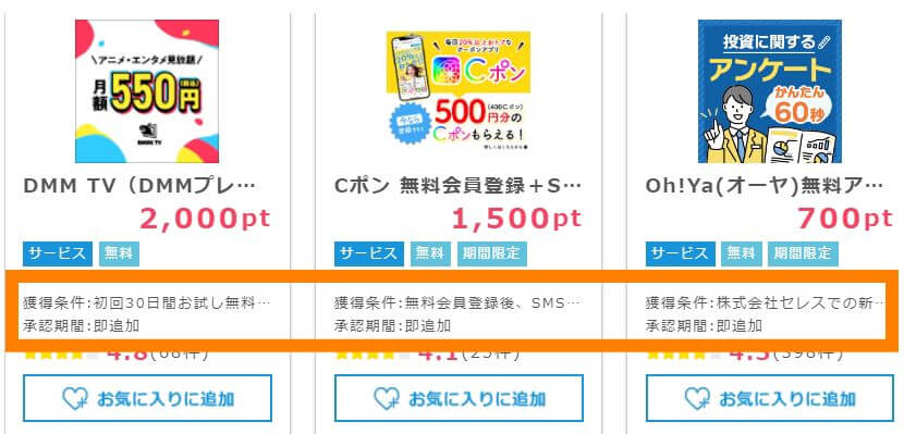 ポイントインカムの承認期間が短い案件の例
