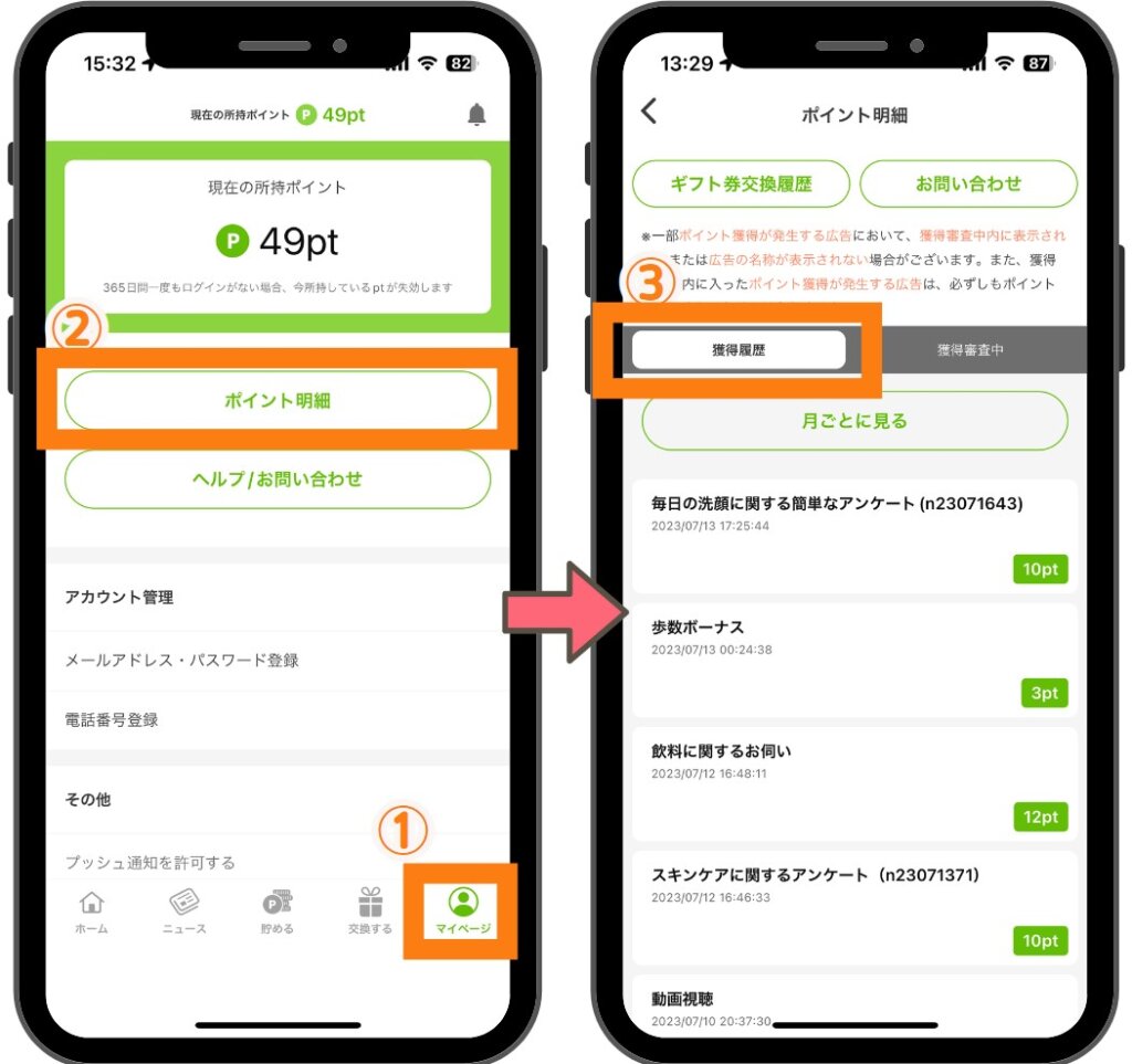 POWLのポイント獲得履歴