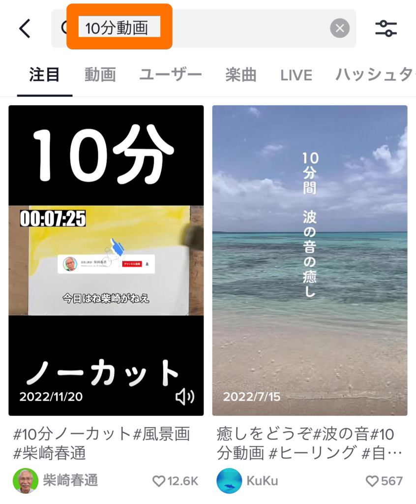 TikTokアプリで10分動画を検索しているキャプチャ画像